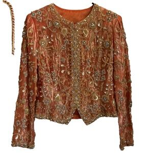 Vintage Orange Silk Gold Sequin Heavily Embellished Beaded Jacket Womens sz S/M